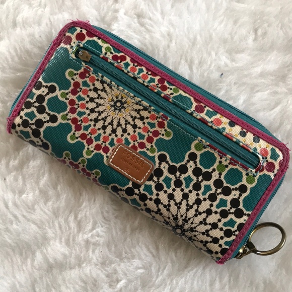 FOSSIL zip around coated canvas wallet teal pink - Picture 1 of 14
